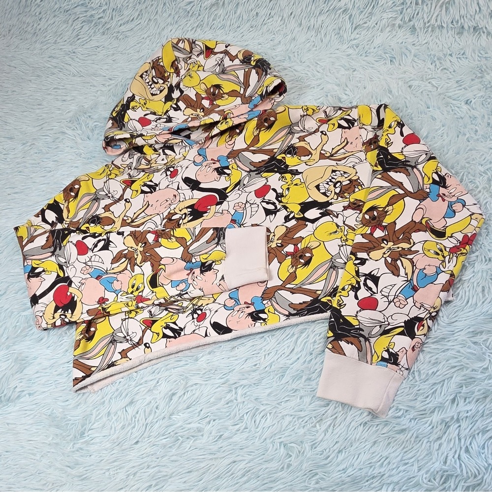 Vintage Looney Tunes All Over Print Hoodie Fleece Pullover Graphic Size L